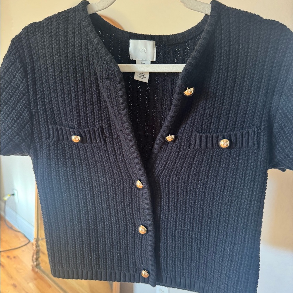 H&M Black Short-Sleeve Cardigan with Gold Buttons